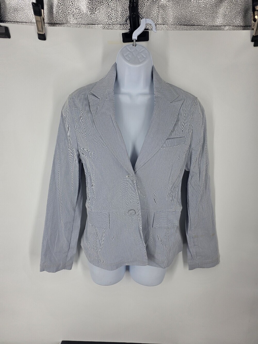 Marisa Christina Seersucker Blazer Jacket 8 Blue White Striped Coastal